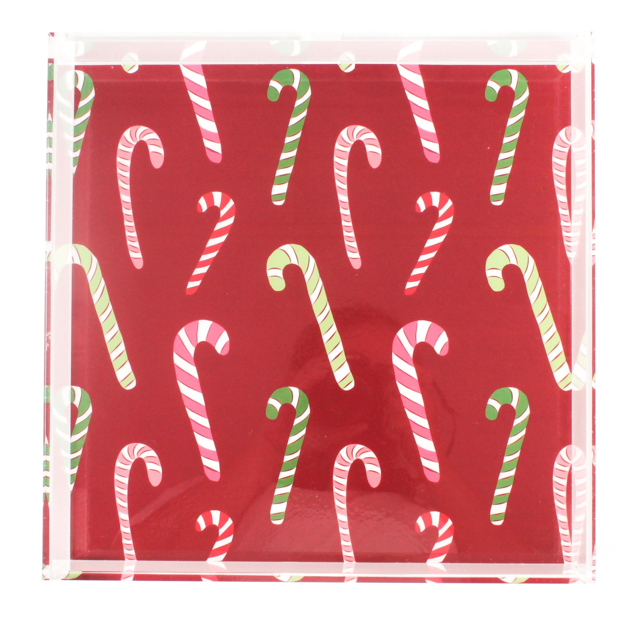 Dancing Candy Canes Square Acrylic Tray, in large size.  Red background with multicolor stripe candy canes