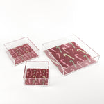 Dancing Candy Canes Square Acrylic Tray, in 3 sizes.  Red background with multicolor stripe candy canes