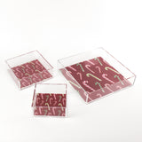Dancing Candy Canes Square Acrylic Tray, in 3 sizes.  Red background with multicolor stripe candy canes