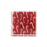 Dancing Candy Canes Square Acrylic Tray, in small.  Red background with multicolor stripe candy canes