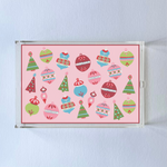 Ornaments Rectangular Acrylic Tray, in 2 sizes. Pink background with many bright colored ornaments and a red border.