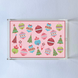 Ornaments Rectangular Acrylic Tray, in 2 sizes. Pink background with many bright colored ornaments and a red border.
