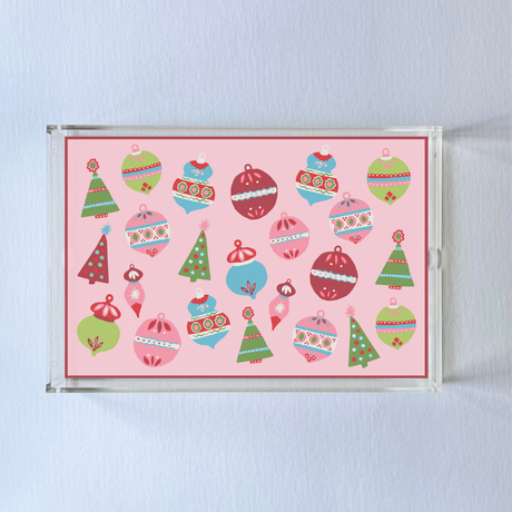 Ornaments Rectangular Acrylic Tray, in 2 sizes. Pink background with many bright colored ornaments and a red border.