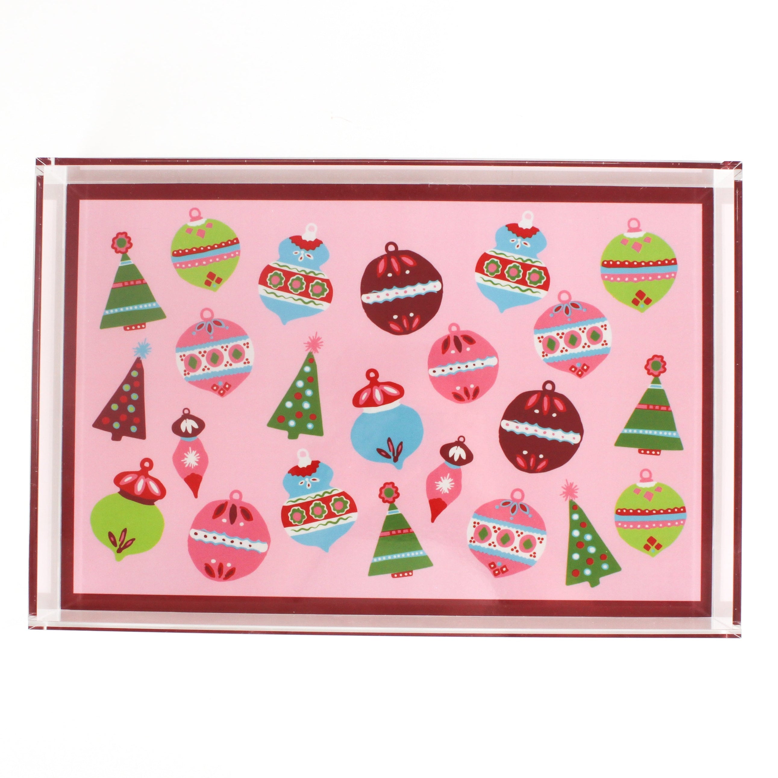 Ornaments Rectangular Acrylic Tray, in large size. Pink background with many bright colored ornaments and a red border.