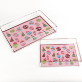 Ornaments Rectangular Acrylic Tray, in 2 sizes. Pink background with many bright colored ornaments and a red border.