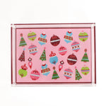 Ornaments Rectangular Acrylic Tray, in small size. Pink background with many bright colored ornaments and a red border.