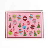 Ornaments Rectangular Acrylic Tray, in small size. Pink background with many bright colored ornaments and a red border.