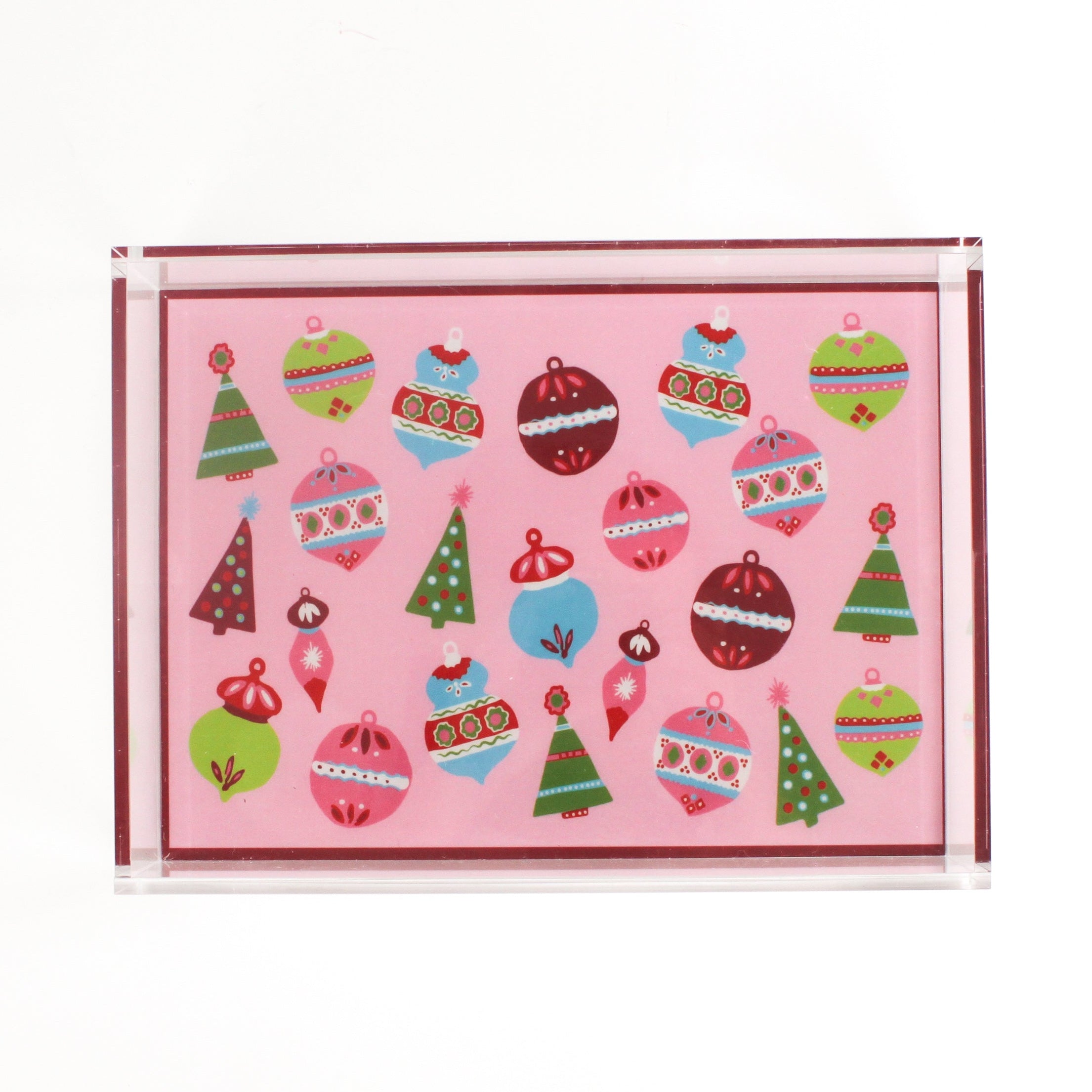 Ornaments Rectangular Acrylic Tray, in small size. Pink background with many bright colored ornaments and a red border.