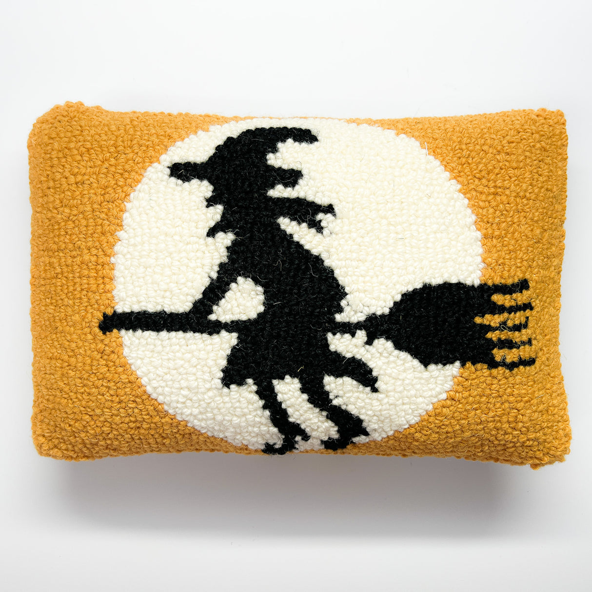 Witch on Broom Hooked-Wool Halloween Throw Pillow