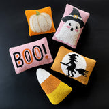 Witch on Broom Hooked-Wool Halloween Throw Pillow