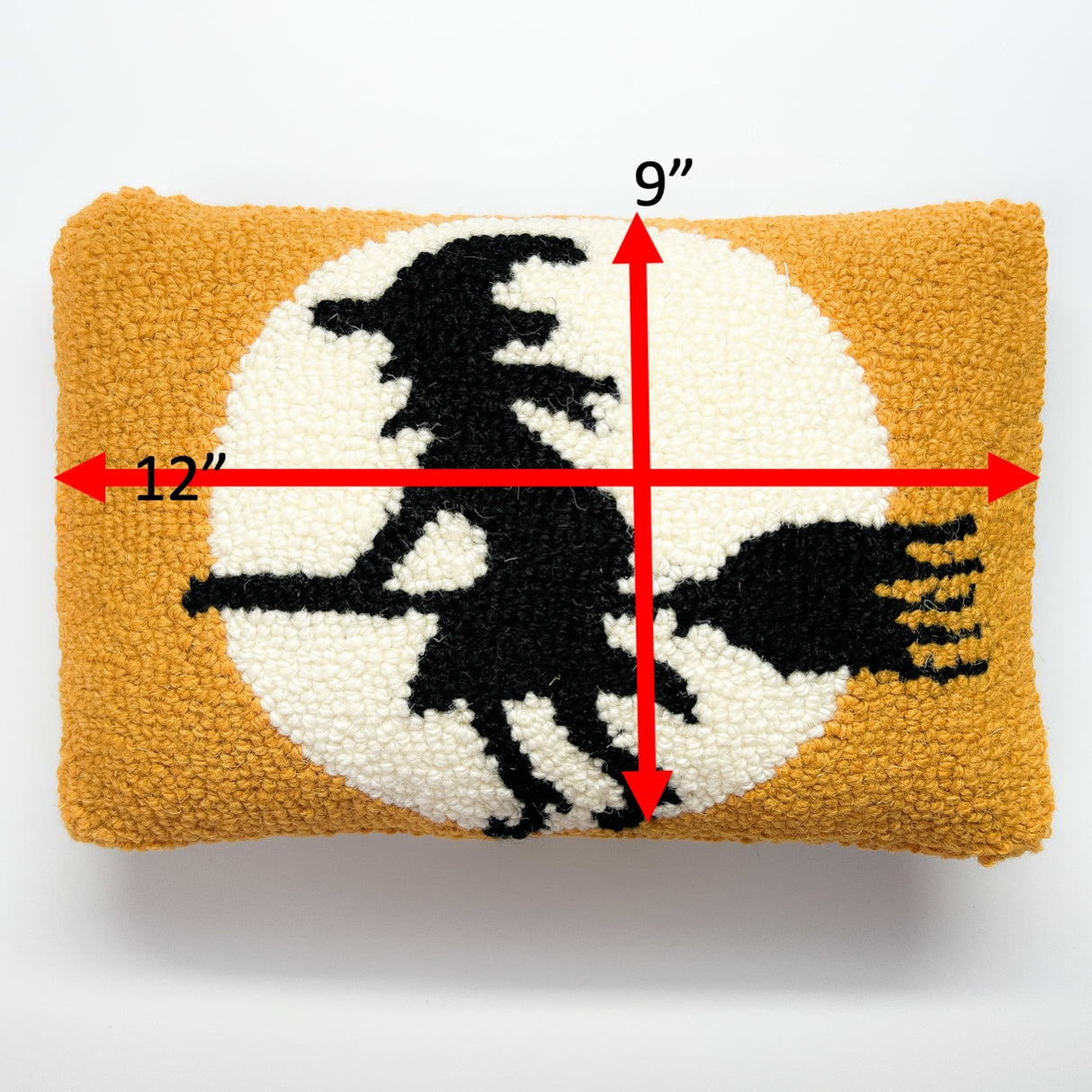Witch on Broom Hooked-Wool Halloween Throw Pillow