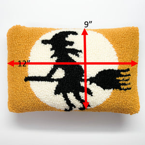 Witch on Broom Hooked-Wool Halloween Throw Pillow