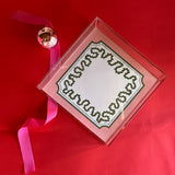 Harbor Trail Pink and Green with blue dash Square Acrylic Tray comes in 3 Sizes. A fun pattern with pink and green border, blue dots, and fun green squiggly line.