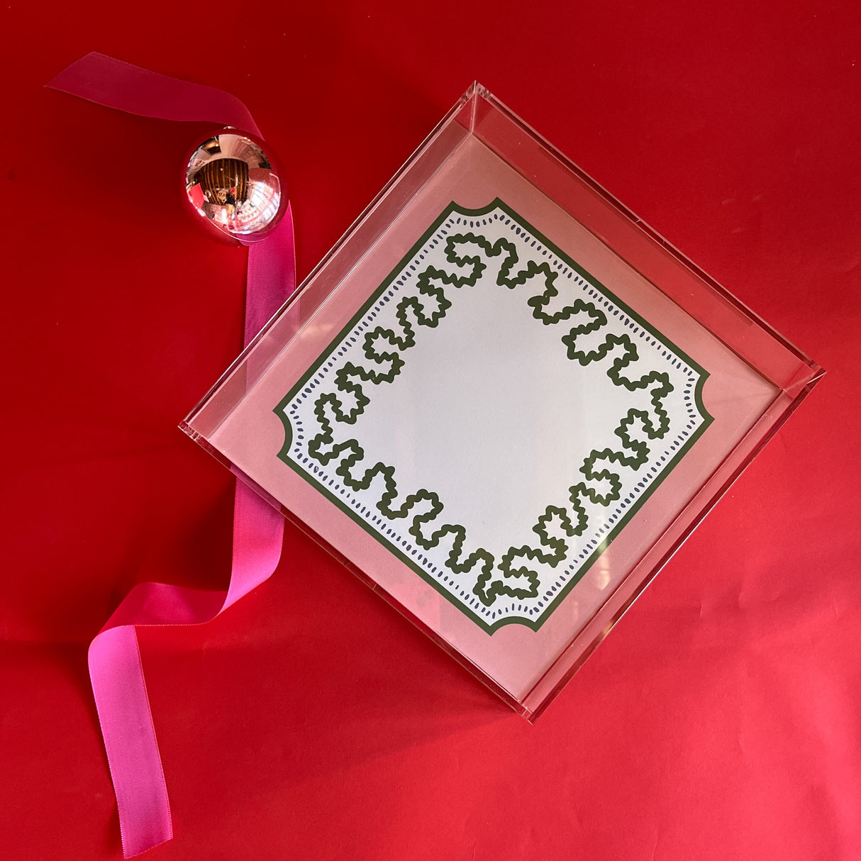 Harbor Trail Pink and Green with blue dash Square Acrylic Tray comes in 3 Sizes. A fun pattern with pink and green border, blue dots, and fun green squiggly line.