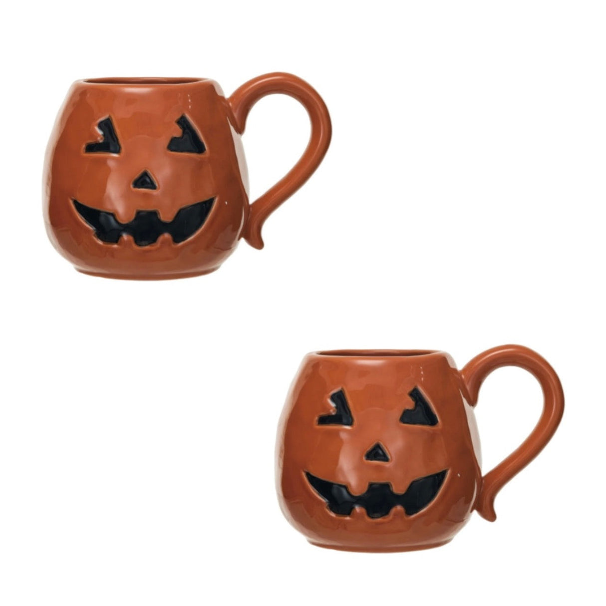 Orange ceramic mugs with a jack o'lantern design, one with a handle.