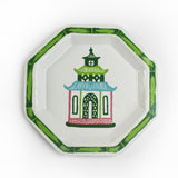 Pagoda Hand Painted Tole Metal Tray, trimmed in green, with pink, green, blue, and pink pagoda 