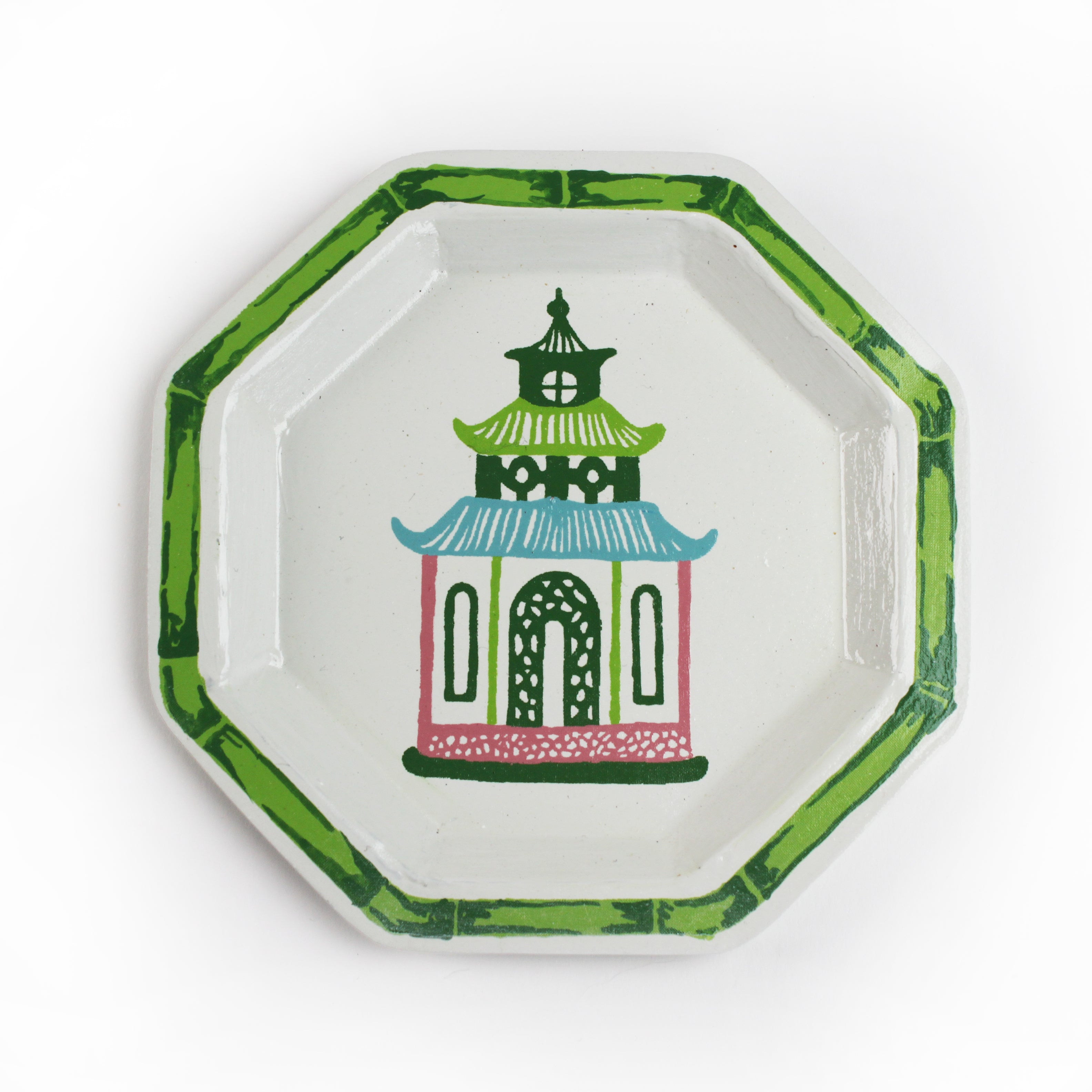 Pagoda Hand Painted Tole Metal Tray, trimmed in green, with pink, green, blue, and pink pagoda 