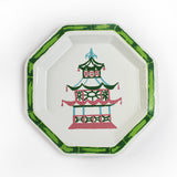 Pagoda Hand Painted Tole Metal Tray, trimmed in green, with pink, green, blue, and pink pagoda 