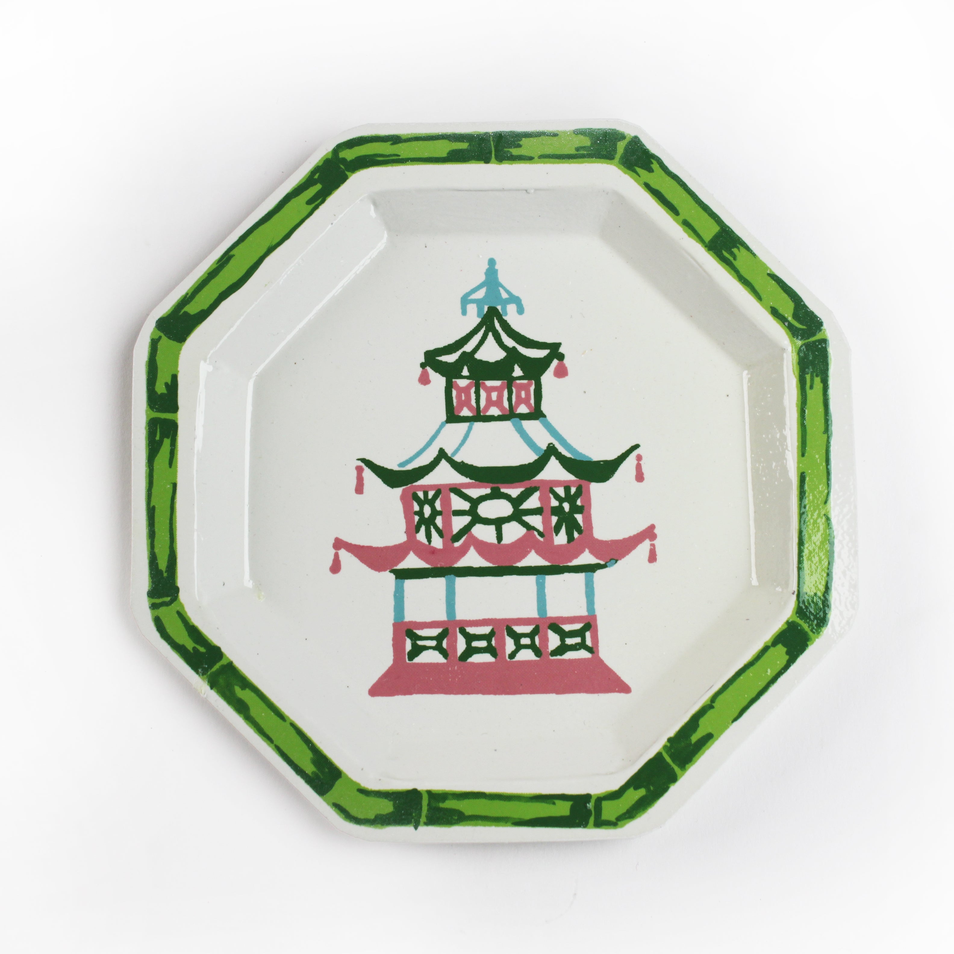 Pagoda Hand Painted Tole Metal Tray, trimmed in green, with pink, green, blue, and pink pagoda 