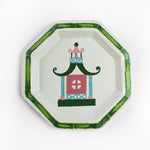 Pagoda Hand Painted Tole Metal Tray, trimmed in green, with pink, green, blue, and pink pagoda 