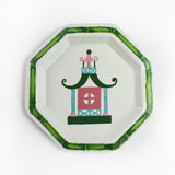Pagoda Hand Painted Tole Metal Tray, trimmed in green, with pink, green, blue, and pink pagoda 