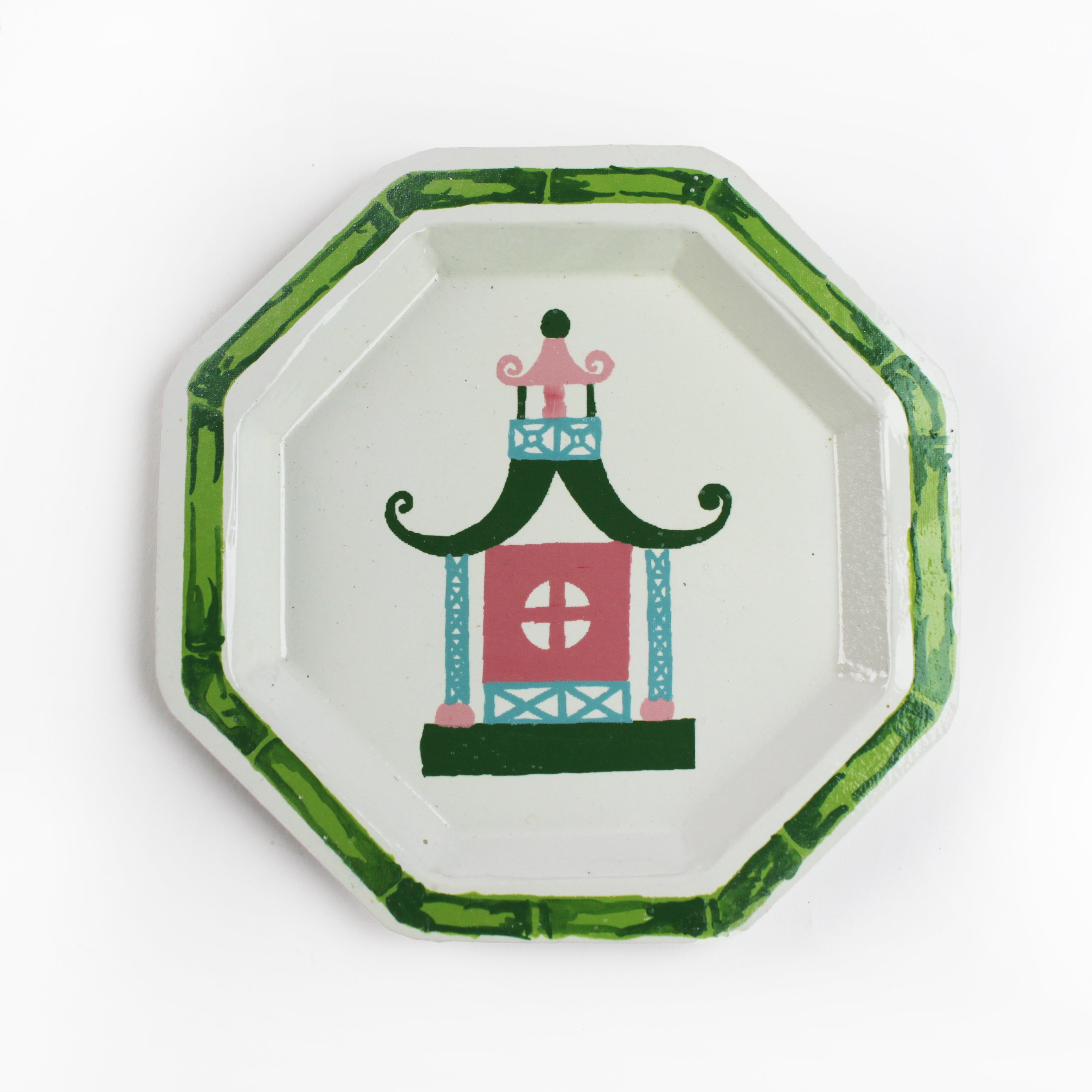 Pagoda Hand Painted Tole Metal Tray, trimmed in green, with pink, green, blue, and pink pagoda 