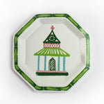 Pagoda Hand Painted Tole Metal Tray, trimmed in green, with pink, green, blue, and pink pagoda 
