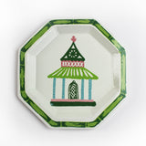 Pagoda Hand Painted Tole Metal Tray, trimmed in green, with pink, green, blue, and pink pagoda 