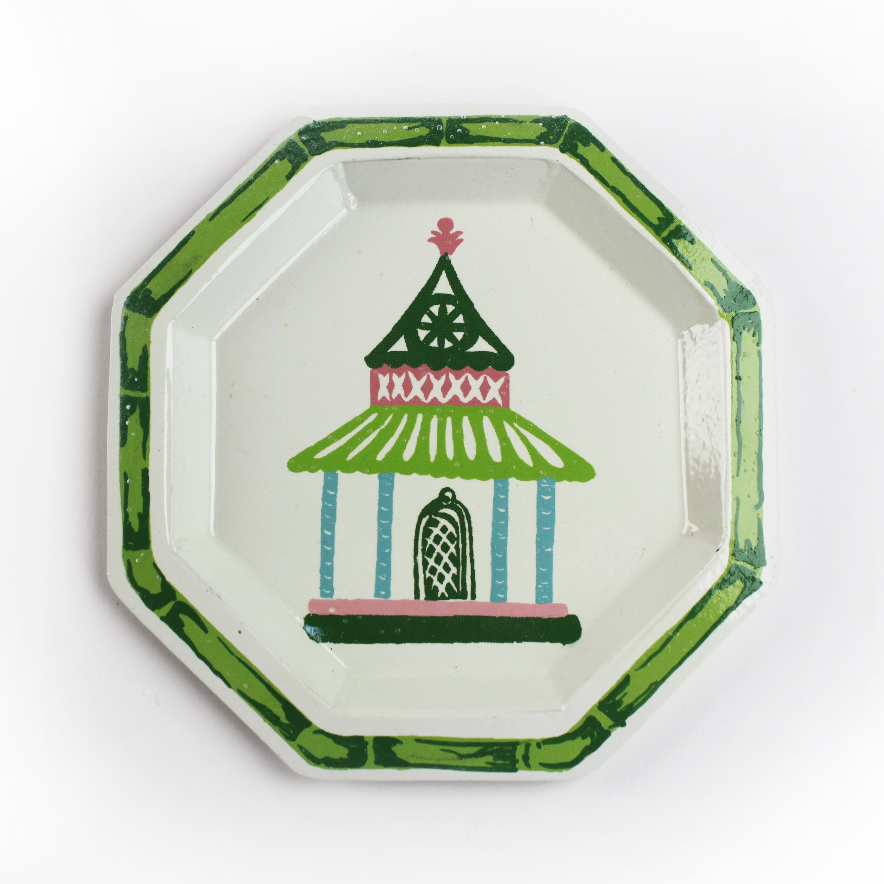 Pagoda Hand Painted Tole Metal Tray, trimmed in green, with pink, green, blue, and pink pagoda 