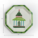 dimension of a Pagoda Hand Painted Tole Metal Tray, trimmed in green, with pink, green, blue, and pink pagoda 