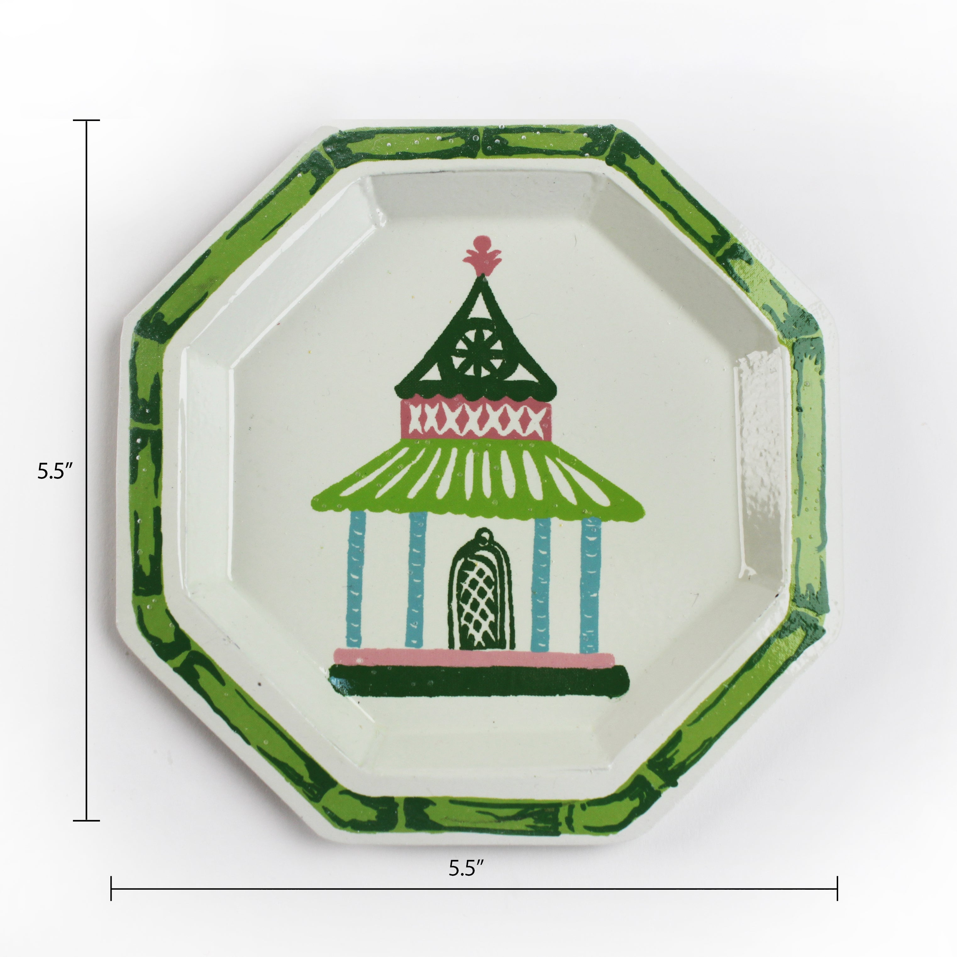 dimension of a Pagoda Hand Painted Tole Metal Tray, trimmed in green, with pink, green, blue, and pink pagoda 