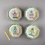 Pagodas Hand Painted Tole Metal Trays, Set of 4 white, trimmed in green, with pink, green, blue, and pink pagodas each different