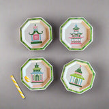 Pagodas Hand Painted Tole Metal Trays, Set of 4 white, trimmed in green, with pink, green, blue, and pink pagodas each different