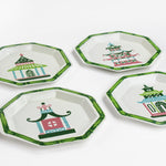 Pagodas Hand Painted Tole Metal Trays, Set of 4 white, trimmed in green, with pink, green, blue, and pink pagodas each different