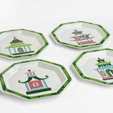 Pagodas Hand Painted Tole Metal Trays, Set of 4 white, trimmed in green, with pink, green, blue, and pink pagodas each different