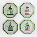 Pagodas Hand Painted Tole Metal Trays, Set of 4 white, trimmed in green, with pink, green, blue, and pink pagodas each different