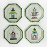 Pagodas Hand Painted Tole Metal Trays, Set of 4 white, trimmed in green, with pink, green, blue, and pink pagodas each different