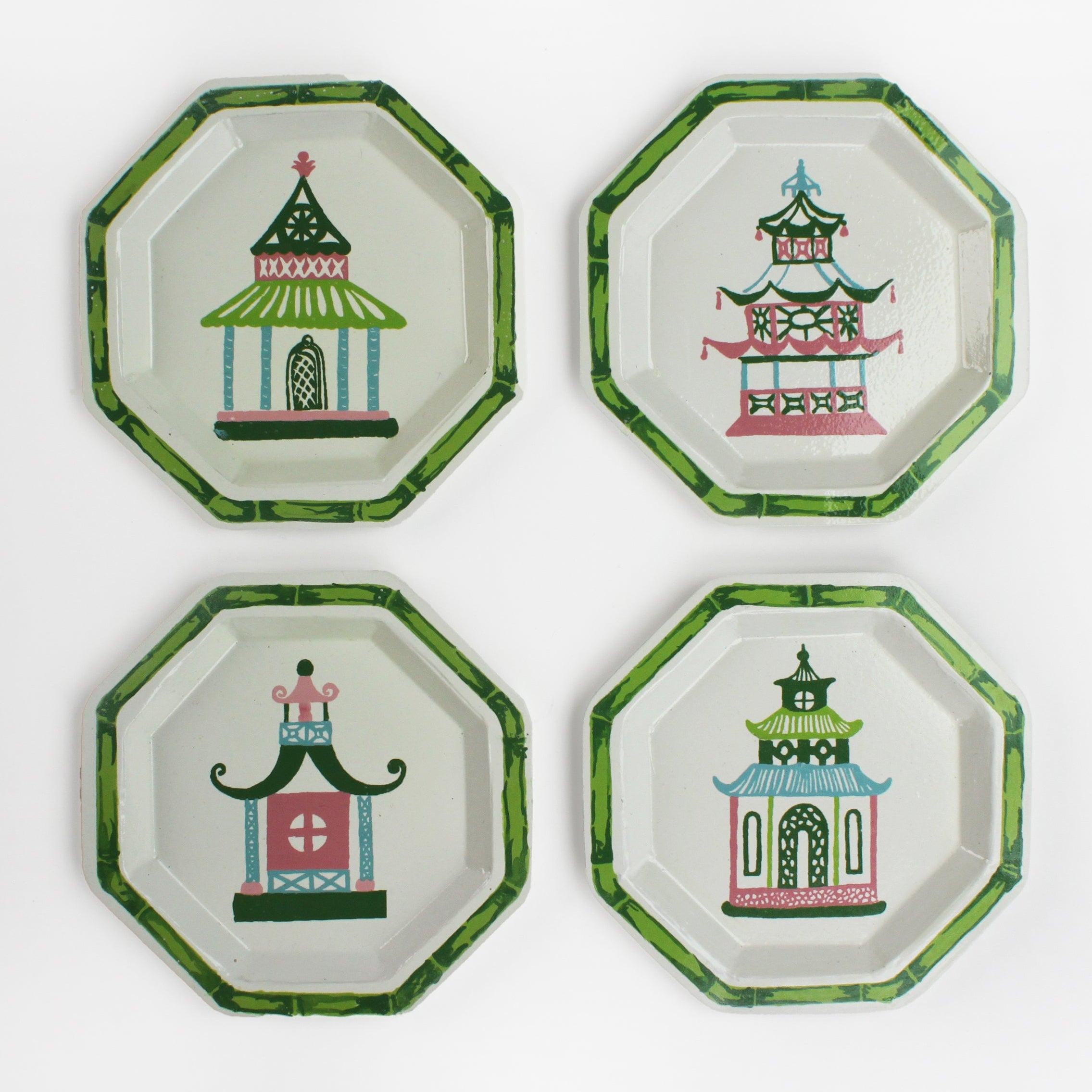 Pagodas Hand Painted Tole Metal Trays, Set of 4 white, trimmed in green, with pink, green, blue, and pink pagodas each different