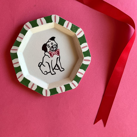Octagonal Pug Hand-Painted Tole Metal Trinket Tray Green and Pink