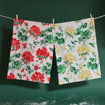 Red Geranium and Yellow Geranium on white background tea towels