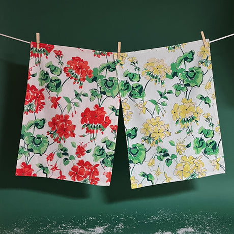 Red Geranium and Yellow Geranium on white background tea towels