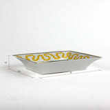 dimensions of the Madcap Cottage yellow and white porcelain trinket tray with a gold border and a saying that says Tell Stories. 1.5" x 6.5" x 8"