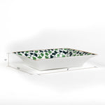 dimensions of A rectangular porcelain trinket tray with a blue-and-green gingko-leaf patterned trim and gilt edging. The tray has text inside that reads 'You only live once, so don't settle for boring and expected.  1.5" x 6.5" x 8"