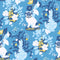 Blue and white chinoiserie wallpaper with a yellow, blue and white pug and vase motifs on a blue background. 