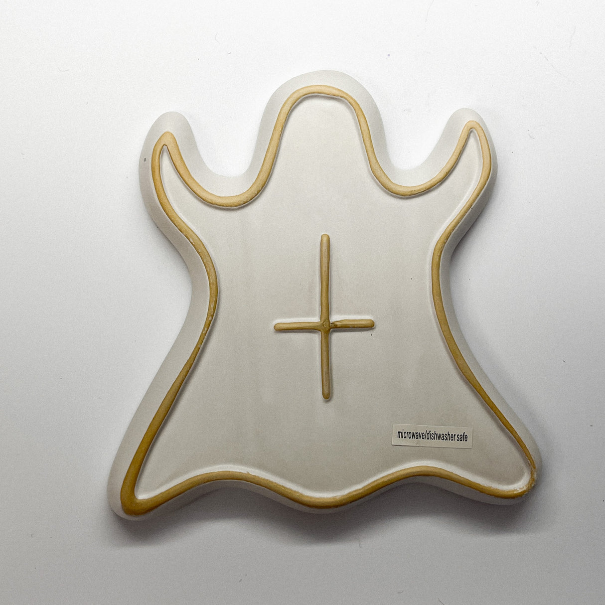 Madcap Cottage ceramic white ghost halloween plate back view with gold outline