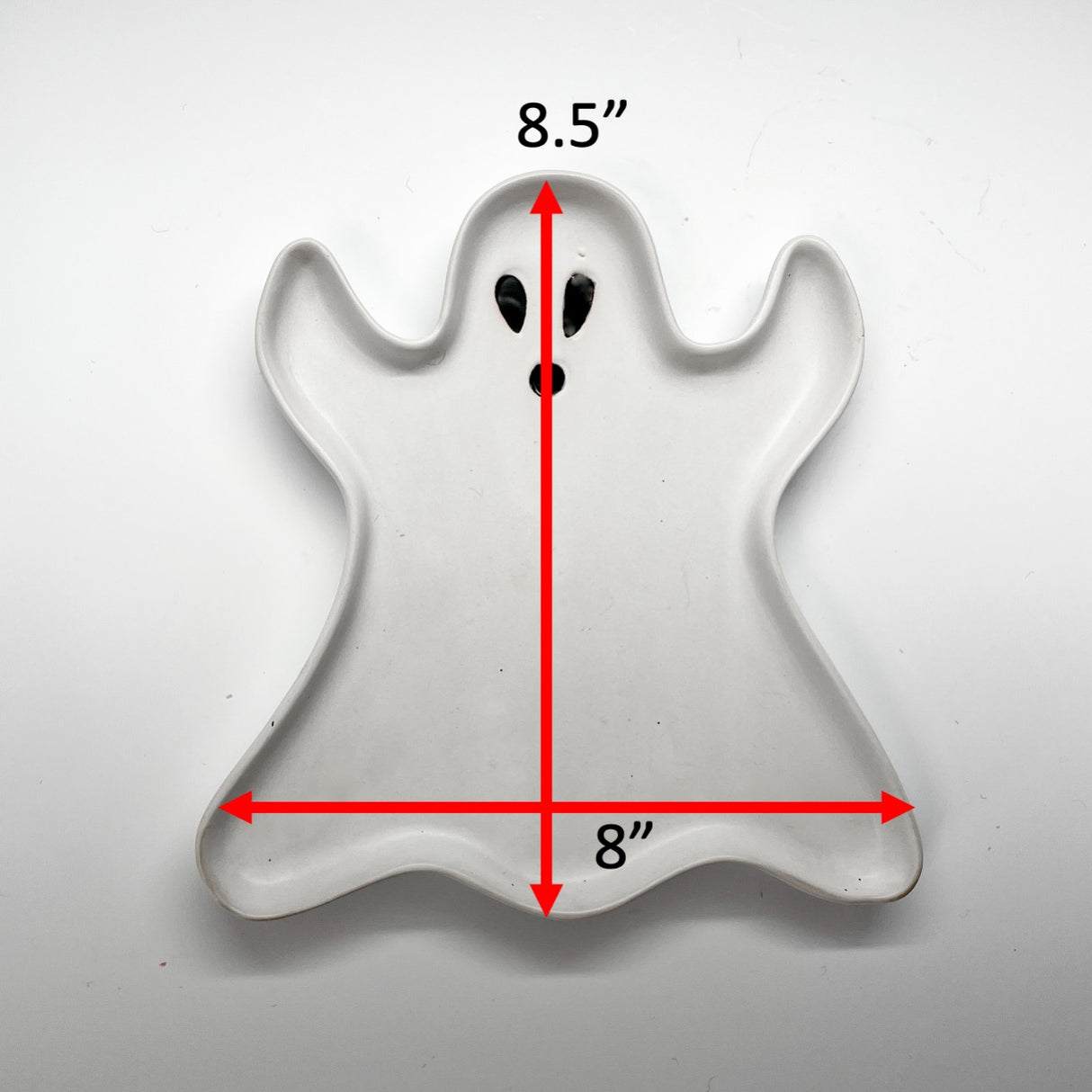 Madcap Cottage ceramic white ghost halloween plate dimension are 8.5" by 8"