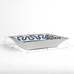the image shows the dimension of the Madcap Cottage blue and white trinket tray with a gold border and a saying that says The less you talk, the smarter you seem.  1.5" x 6.5" x 8"