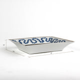 the image shows the dimension of the Madcap Cottage blue and white trinket tray with a gold border and a saying that says The less you talk, the smarter you seem.  1.5" x 6.5" x 8"