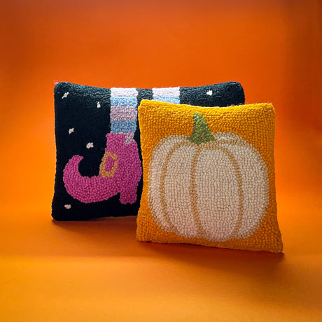 Witch Shoes Hooked-Wool Halloween Throw Pillow