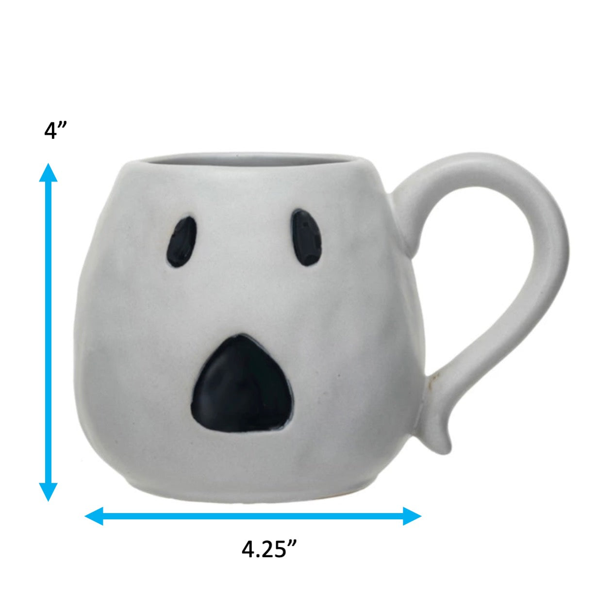 White ceramic mug with a ghost design, one with a handle, dimension is 4" by 4.5".